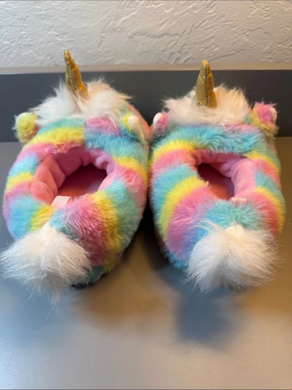 Wonder Nation Pastel Rainbow Unicorn Little Girl Slippers - Pink, Blue, Yellow